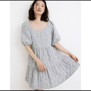 NWT Madewell Quilted Puff Sleeve Mini Dress (Sunflower Field) Sz Lrg Blue Floral